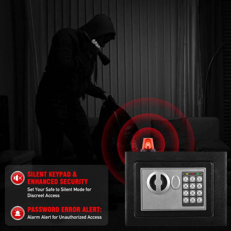 RETLLAS 0.25 Cu Ft Safe Box: Silent Keypad, Enhanced Security, Password Error Alert | Fire/Water Resistant for Home/Office | Hidden Design, Black - Image 8