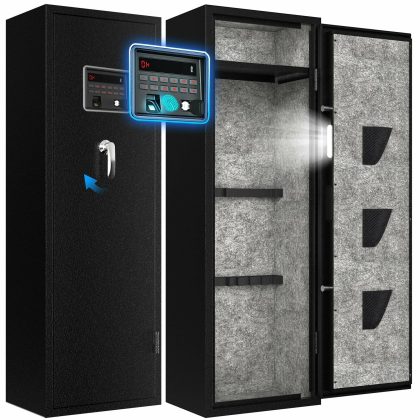 6 Gun Safe with Fireproof Anti-Collision Coating, LED & Dual Alarm - Ideal for Home Security, Office Use, & Firearm Enthusiasts; Fits 3-5 Rifles, Includes 3 Pistol Pouches & Removable Shelf