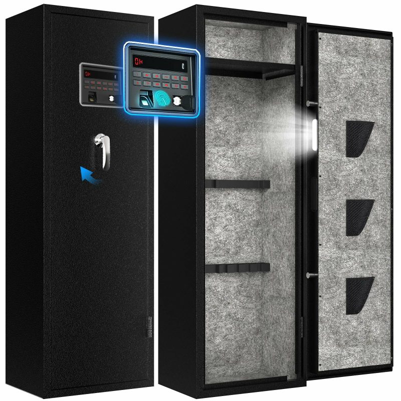 6 Gun Safe with Fireproof Anti-Collision Coating, LED & Dual Alarm - Ideal for Home Security, Office Use, & Firearm Enthusiasts; Fits 3-5 Rifles, Includes 3 Pistol Pouches & Removable Shelf
