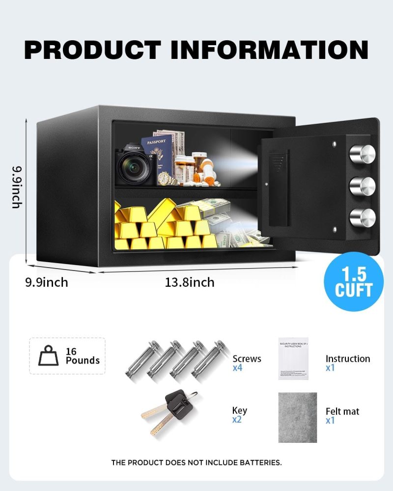 1.2 Cu Ft Safe Box for Home Documents -Steel Electronic Digital Safety Box Personal Security Lock Box with LED Sensor Light External Power Compartment for Office Money Jewelry Valuables - Image 8