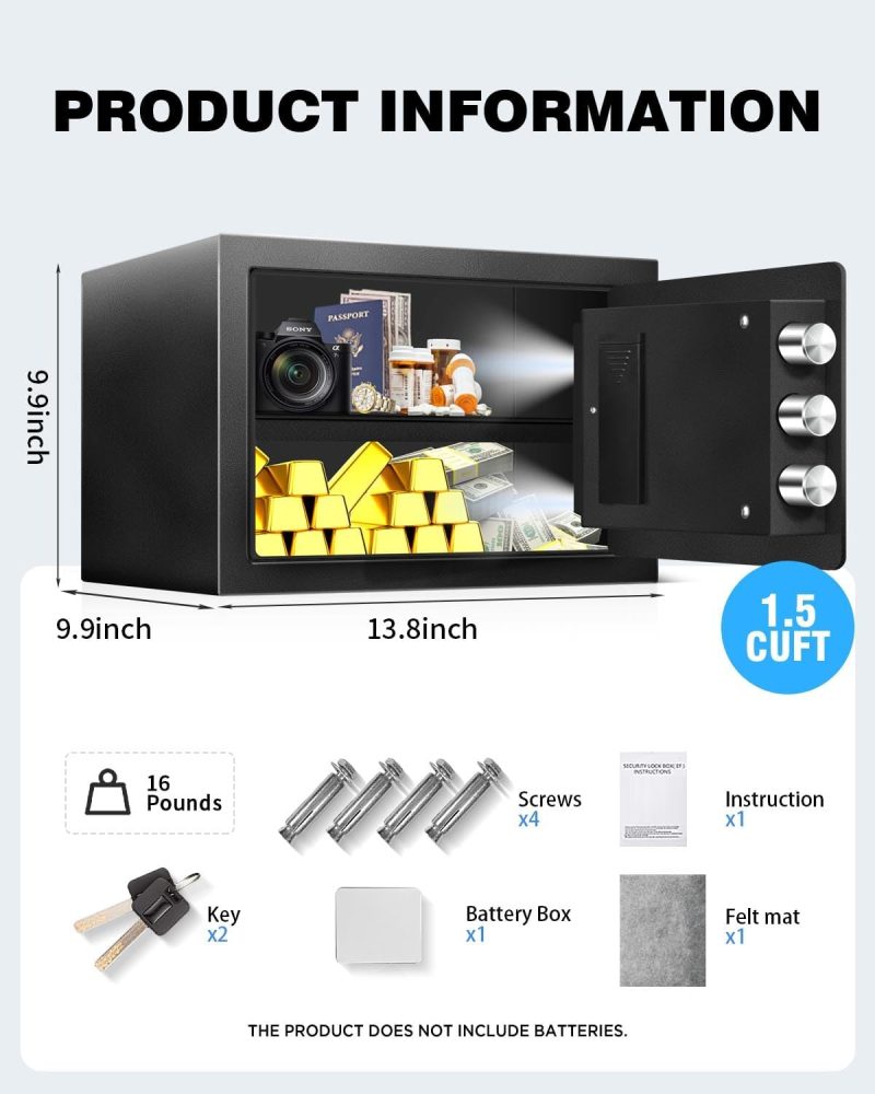 1.2 Cu Ft Safe Box for Home Steel Electronic Digital Safety Box Personal Security Lock Box with LED Sensor Light & Emergency Type-C External Charge for Money Jewelry Documents - Image 5
