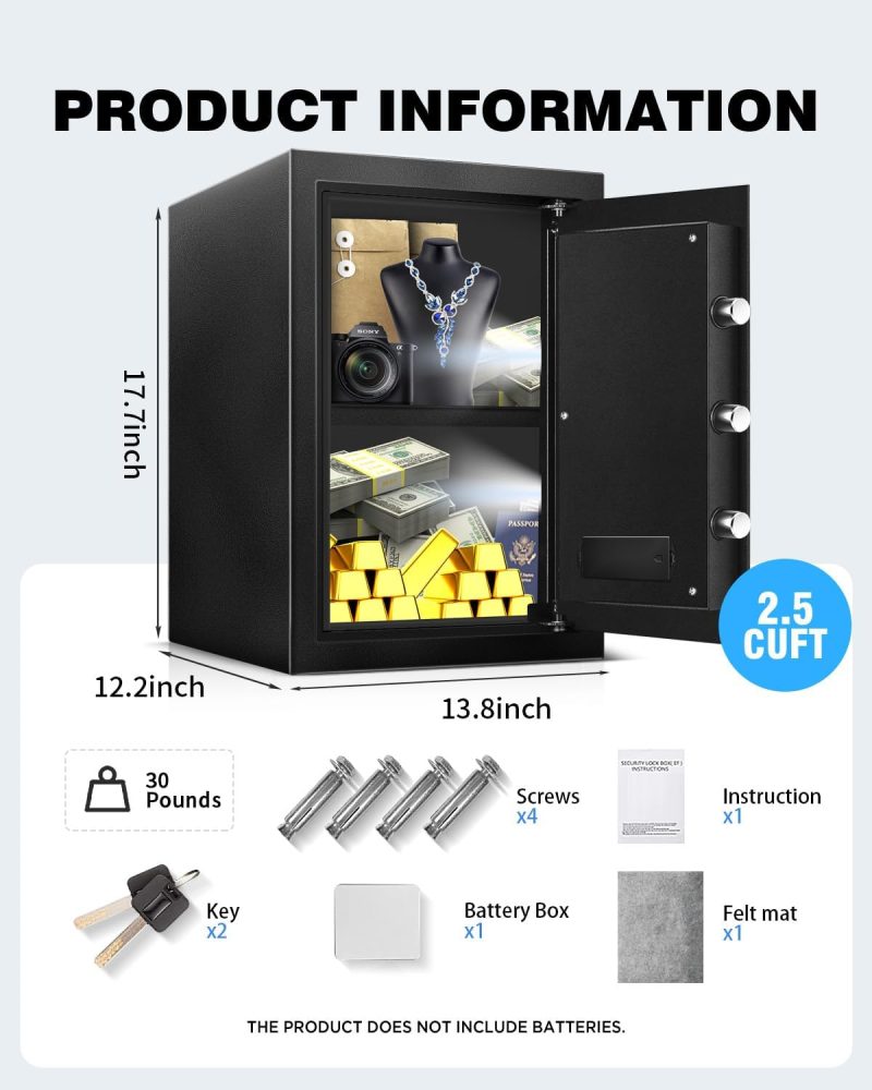 2.5 Cu Ft Safe Box Fireproof Waterproof for Home -Personal Steel Safety Box with Electronic Digital Keypad, Sensor Light, Removable Shelf, Security Box - Image 9