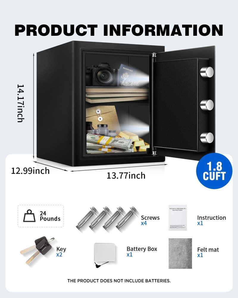 Safe Box Fireproof Waterproof, 1.8 Cu Ft Steel Safe with Digital Keypad, Security Safe Box for Home with Dual Alarm System for Money Cash Valuables Document, Keyboard Silent Mode, Black - Image 2