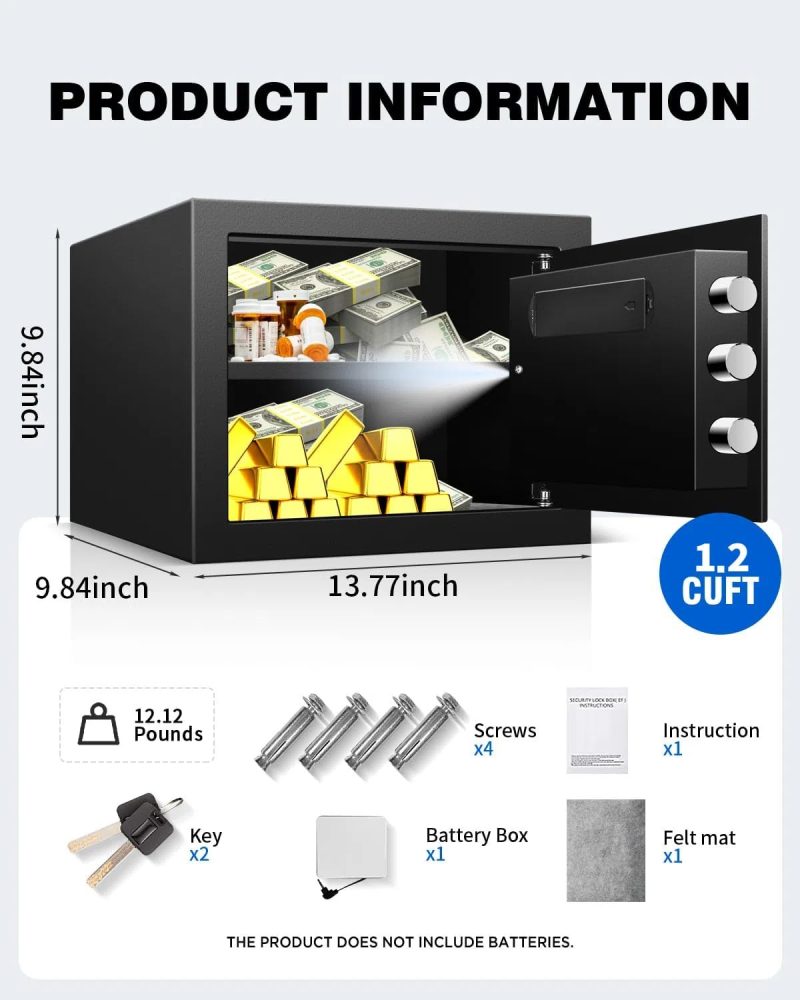 1.2 Cub Small Home Safe box Fireproof Waterproof, Security Safe and Lock Box with Dual Alarm System for Money Cash Valuables Document, Keyboard Silent Mode, Black - Image 8