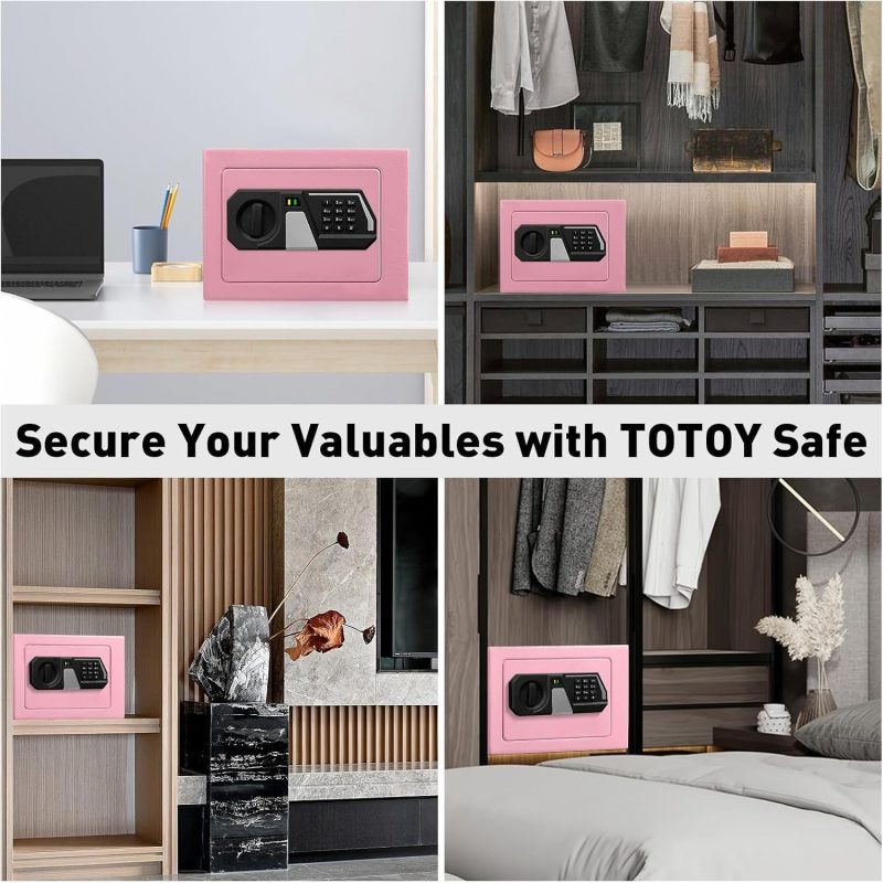 TOTOY Small Money Safe and Lock Box with Electronic Keypad, Mini Safe for Home Documents, Jewelry and Valuables, 0.3Cu Ft, Wall or Cabinet Safe for Personal Items, Pink - Image 6