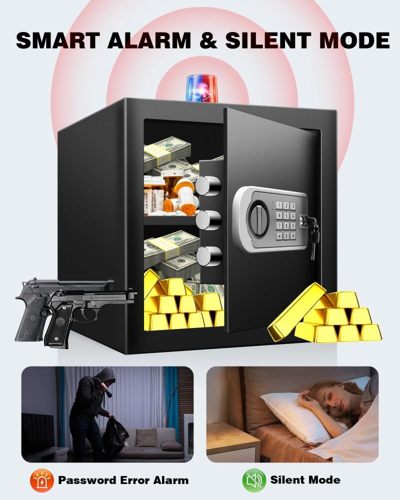 Safe Box Fireproof Waterproof, 1.6 Cu Ft Personal Safe with Digital Keypad, Safety Box for Home with Dual Alarm System for Money Cash Valuables Document, Keyboard Silent Mode, Black - Image 7