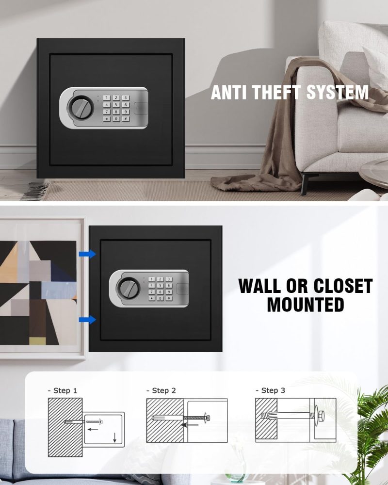 Safe Box Fireproof Waterproof, 1.6 Cu Ft Personal Safe with Digital Keypad, Safety Box for Home with Dual Alarm System for Money Cash Valuables Document, Keyboard Silent Mode, Black - Image 4