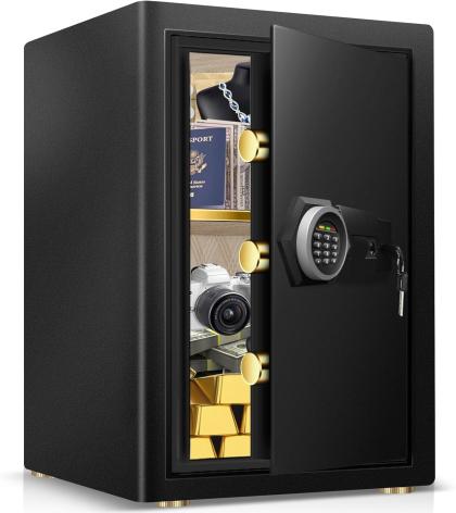 2.6 Cub Home Safe Box Fireproof Waterproof, Safety Box with Digital Keypad Sensor Light Keys for Hotel Office Money Documents