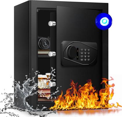2.4 Cu Ft Home Safe Box Fireproof Waterproof Digital Security Box Steel Construction with Electronic Keypad, Removable Shelf, Hidden Key Lock, LED Light for Document Money Jewelry Valuables