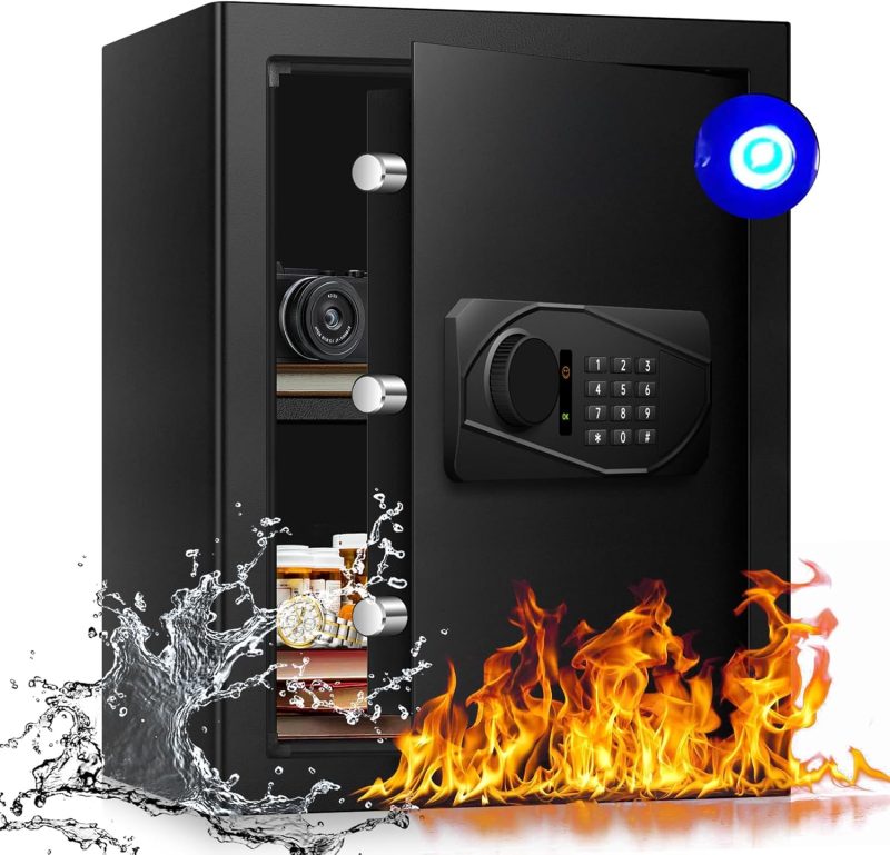 2.4 Cu Ft Home Safe Box Fireproof Waterproof Digital Security Box Steel Construction with Electronic Keypad, Removable Shelf, Hidden Key Lock, LED Light for Document Money Jewelry Valuables