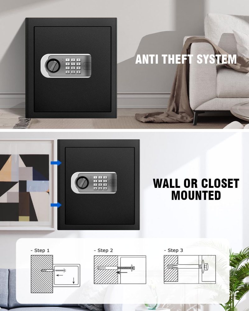 Safe Box Fireproof Waterproof, 1.8 Cu Ft Steel Safe with Digital Keypad, Security Safe Box for Home with Dual Alarm System for Money Cash Valuables Document, Keyboard Silent Mode, Black - Image 5