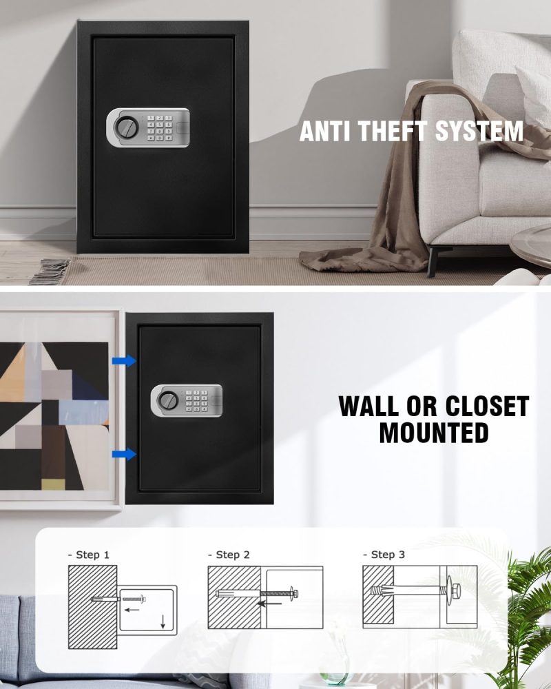 Safe Box Fireproof Waterproof, 2.4 Cu Ft Steel Safe with Digital Keypad, Security Safe Box for Home with Dual Alarm System for Money Cash Valuables Document, Keyboard Silent Mode, Black - Image 6