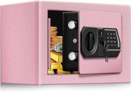 TOTOY Small Money Safe and Lock Box with Electronic Keypad, Mini Safe for Home Documents, Jewelry and Valuables, 0.3Cu Ft, Wall or Cabinet Safe for Personal Items, Pink