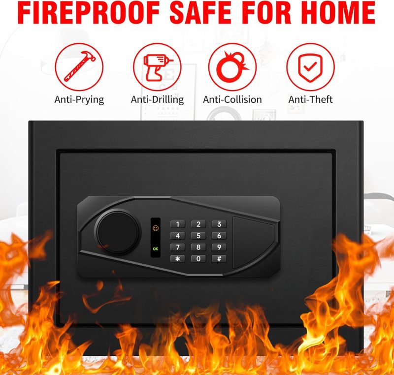 1.3 Cu Ft Home Safe Box Fireproof Waterproof Digital Security Box Steel Construction with Electronic Keypad, Removable Shelf, Hidden Key Lock, LED Light for Document Money Jewelry Valuables - Image 2