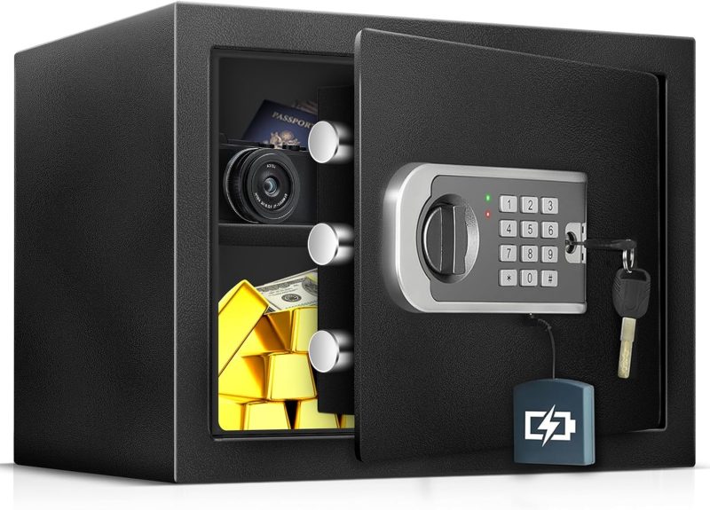 1.2 Cub Small Home Safe box Fireproof Waterproof, Security Safe and Lock Box with Dual Alarm System for Money Cash Valuables Document, Keyboard Silent Mode, Black