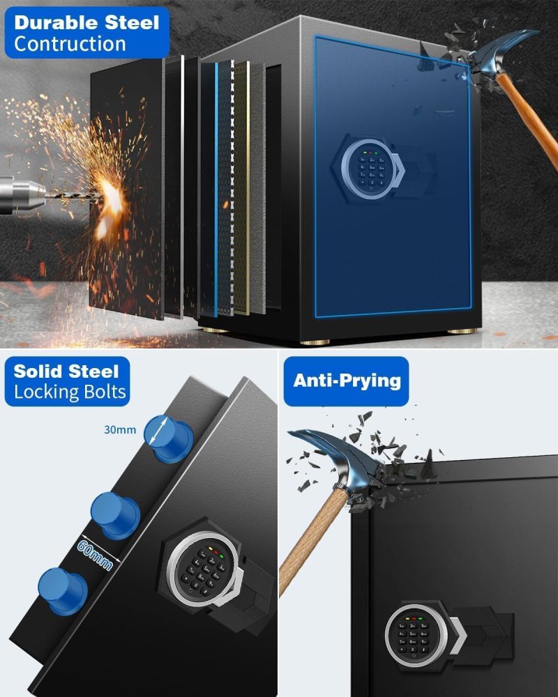 2.6 Cub Home Safe Box Fireproof Waterproof, Safety Box with Digital Keypad Sensor Light Keys for Hotel Office Money Documents - Image 5