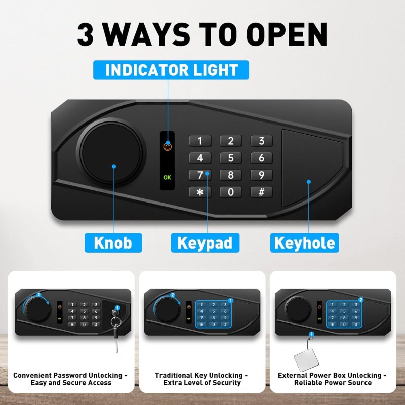 2.4 Cu Ft Home Safe Box Fireproof Waterproof Digital Security Box Steel Construction with Electronic Keypad, Removable Shelf, Hidden Key Lock, LED Light for Document Money Jewelry Valuables - Image 4