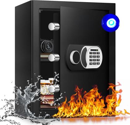 2.4 Cu Ft Home Safe Box Fireproof Waterproof Digital Security Box Steel Construction with Electronic Keypad, Removable Shelf, Hidden Key Lock, LED Light for Document Money Jewelry Valuables
