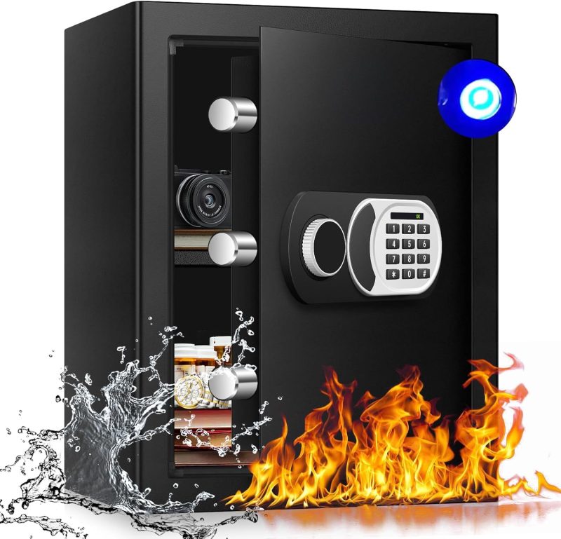 2.4 Cu Ft Home Safe Box Fireproof Waterproof Digital Security Box Steel Construction with Electronic Keypad, Removable Shelf, Hidden Key Lock, LED Light for Document Money Jewelry Valuables