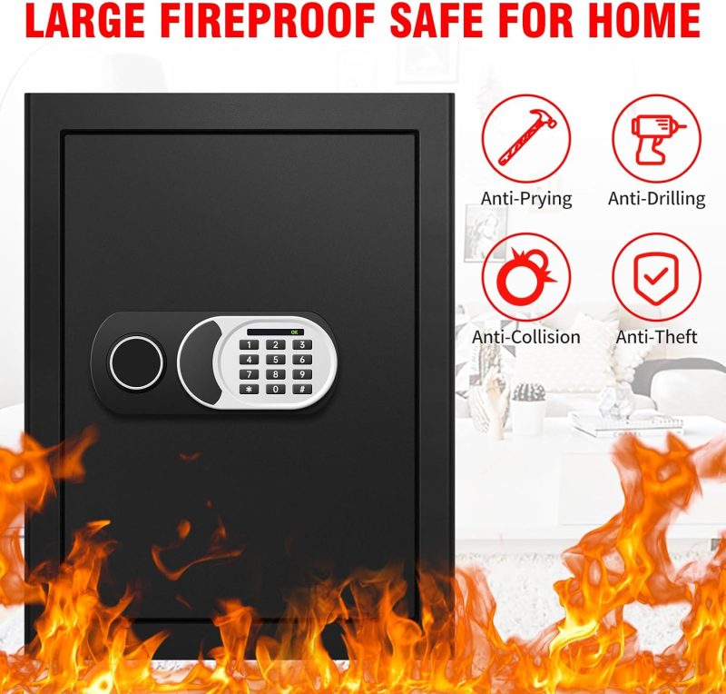 2.4 Cu Ft Home Safe Box Fireproof Waterproof Digital Security Box Steel Construction with Electronic Keypad, Removable Shelf, Hidden Key Lock, LED Light for Document Money Jewelry Valuables - Image 2