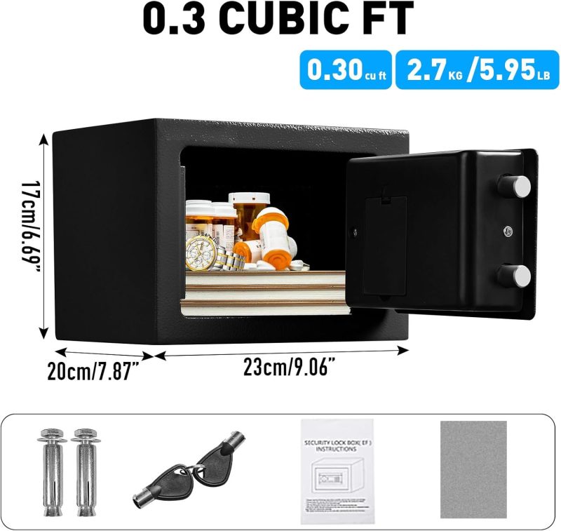 TOTOY Small Personal Safe Box 0.3 Cu Ft- Electronic Digital Security Safe Steel Construction Hidden with Key Lock, Wall or Cabinet Safety Box for Home Office Hotel Business Jewelry Gun Cash Money - Image 2