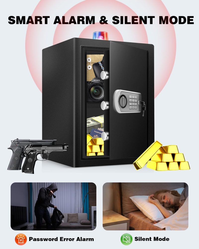 Safe Box Fireproof Waterproof, 2.4 Cu Ft Steel Safe with Digital Keypad, Security Safe Box for Home with Dual Alarm System for Money Cash Valuables Document, Keyboard Silent Mode, Black - Image 7