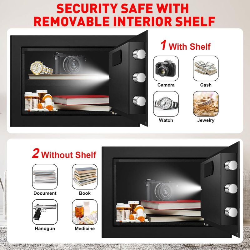1.3 Cu Ft Home Safe Box Fireproof Waterproof Digital Security Box Steel Construction with Electronic Keypad, Removable Shelf, Hidden Key Lock, LED Light for Document Money Jewelry Valuables - Image 6