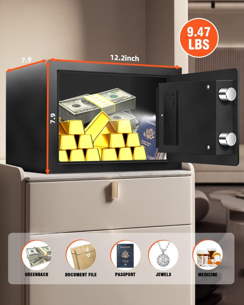 1.0 Cu Ft Small Fireproof Waterproof Safe Box for Home Use, Personal Safe and Lock Box with LED Sensor Light & Emergency Power Outlet for Money Jewelry Documents - Image 2