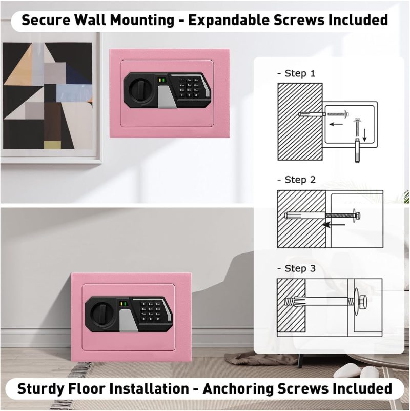 TOTOY Small Money Safe and Lock Box with Electronic Keypad, Mini Safe for Home Documents, Jewelry and Valuables, 0.3Cu Ft, Wall or Cabinet Safe for Personal Items, Pink - Image 5