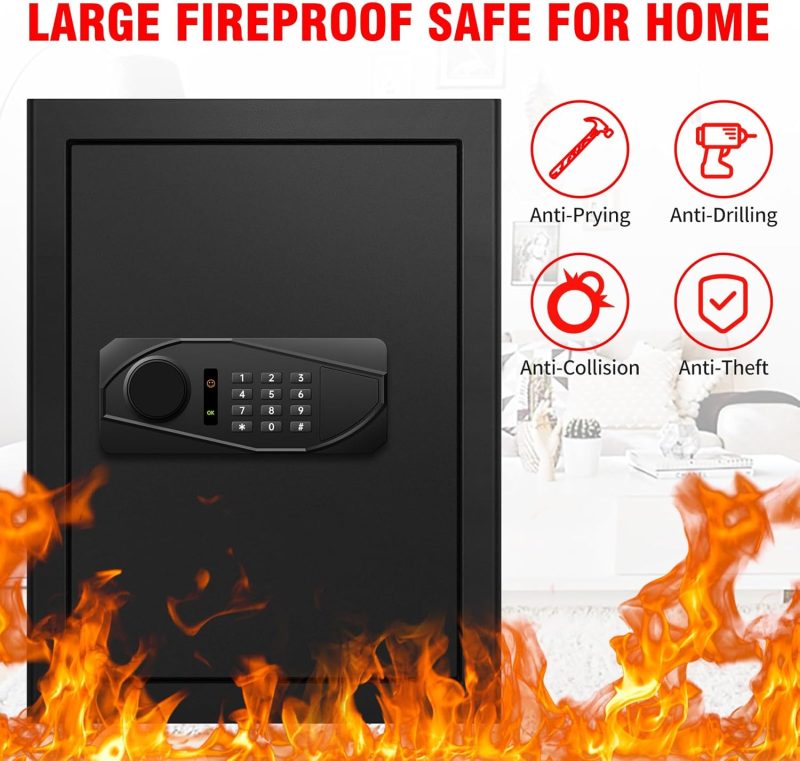 2.4 Cu Ft Home Safe Box Fireproof Waterproof Digital Security Box Steel Construction with Electronic Keypad, Removable Shelf, Hidden Key Lock, LED Light for Document Money Jewelry Valuables - Image 2