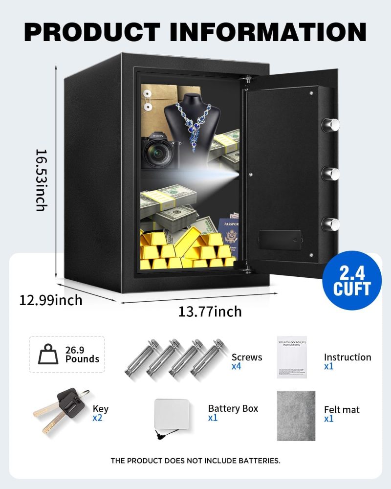Safe Box Fireproof Waterproof, 2.4 Cu Ft Steel Safe with Digital Keypad, Security Safe Box for Home with Dual Alarm System for Money Cash Valuables Document, Keyboard Silent Mode, Black - Image 9