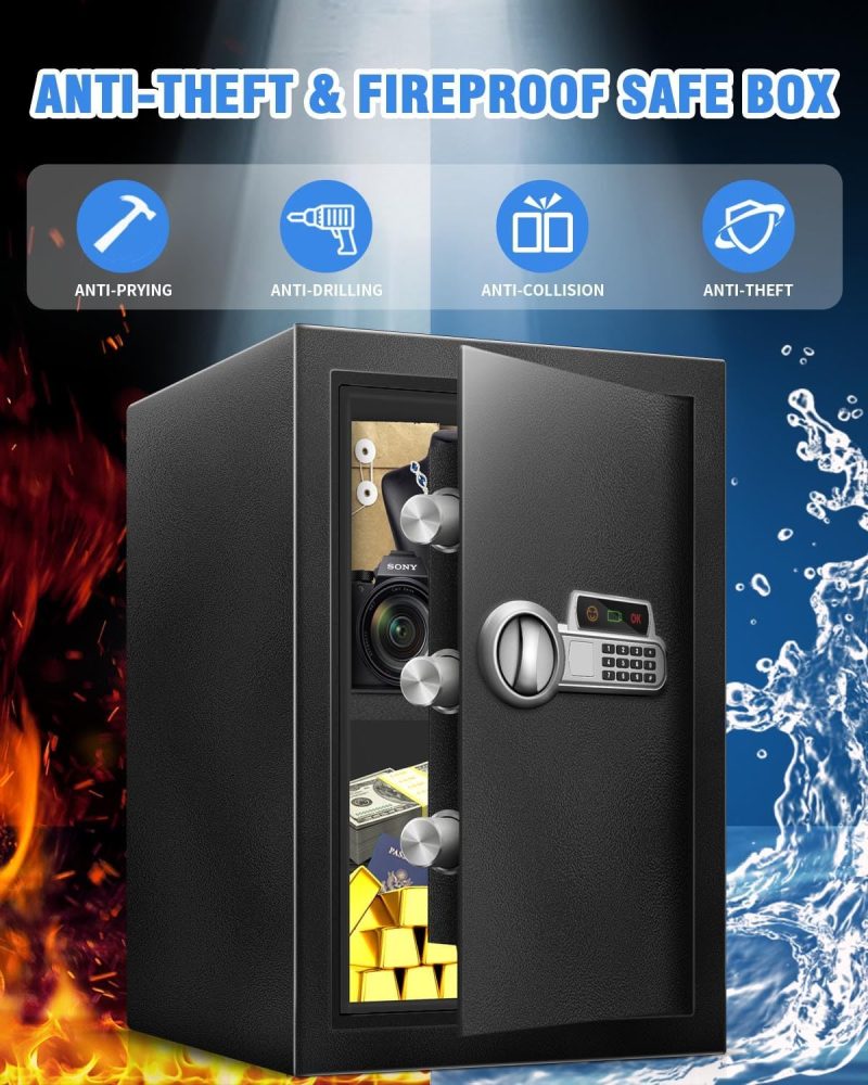 2.5 Cu Ft Safe Box Fireproof Waterproof for Home -Personal Steel Safety Box with Electronic Digital Keypad, Sensor Light, Removable Shelf, Security Box - Image 4