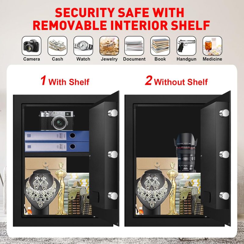 2.4 Cu Ft Home Safe Box Fireproof Waterproof Digital Security Box Steel Construction with Electronic Keypad, Removable Shelf, Hidden Key Lock, LED Light for Document Money Jewelry Valuables - Image 6