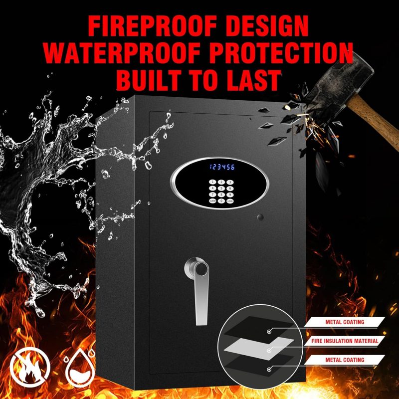 Heavy Duty Home Safe Box Fireproof Waterproof, Anti-Theft Digital Security Box with LCD Display, LED Lighting, Removable Shelf for Office Hotel Documents Money Firearm - Image 2