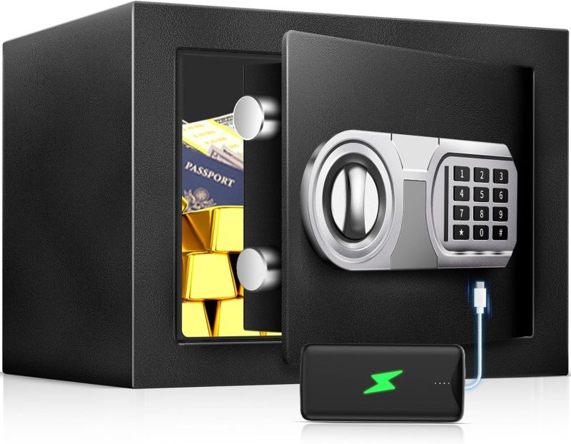 1.0 Cu Ft Small Fireproof Waterproof Safe Box for Home Use, Personal Safe and Lock Box with LED Sensor Light & Emergency Power Outlet for Money Jewelry Documents