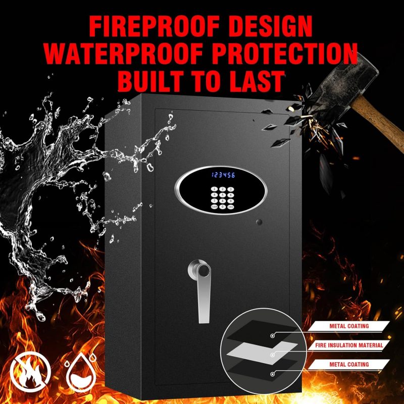5.0 Cu ft Extra Large Home Safe Box Fireproof Waterproof, Heavy Duty Fire Proof Safes for Home Use with LCD Display, LED Lighting, Removable Shelf, Secure Office Hotel Documents Money Firearm - Image 2
