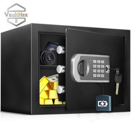 VaultHex 1.0 Cub Small Home Safe box Fireproof Waterproof, Security Safe and Lock Box with Dual Alarm System for Money Cash Valuables Document, Keyboard Silent Mode, Black