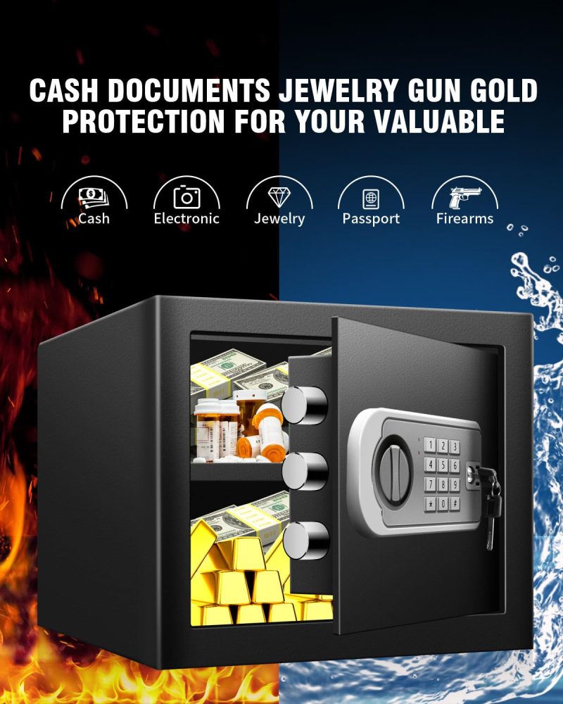 VaultHex 1.0 Cub Small Home Safe box Fireproof Waterproof, Security Safe and Lock Box with Dual Alarm System for Money Cash Valuables Document, Keyboard Silent Mode, Black - Image 4