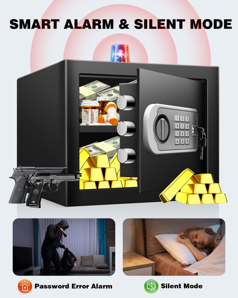 VaultHex 1.0 Cub Small Home Safe box Fireproof Waterproof, Security Safe and Lock Box with Dual Alarm System for Money Cash Valuables Document, Keyboard Silent Mode, Black - Image 8